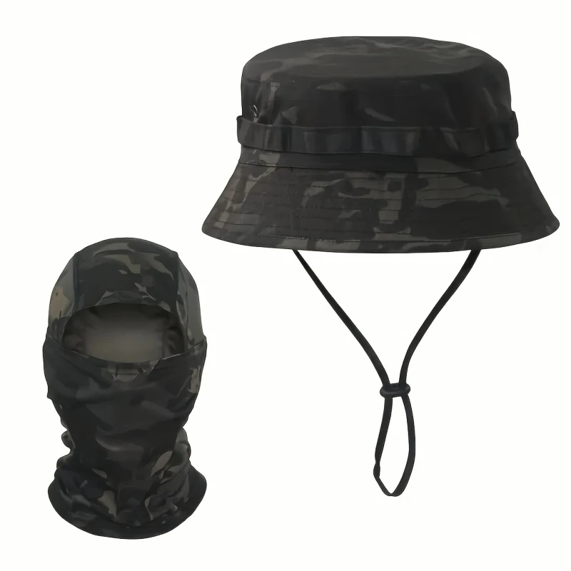 2 PCS Camouflage Bucket Sun Hat with Balaclava Face Cover Set Outdoor Jungle Fisherman Cap Summer Sunshade Head Cover