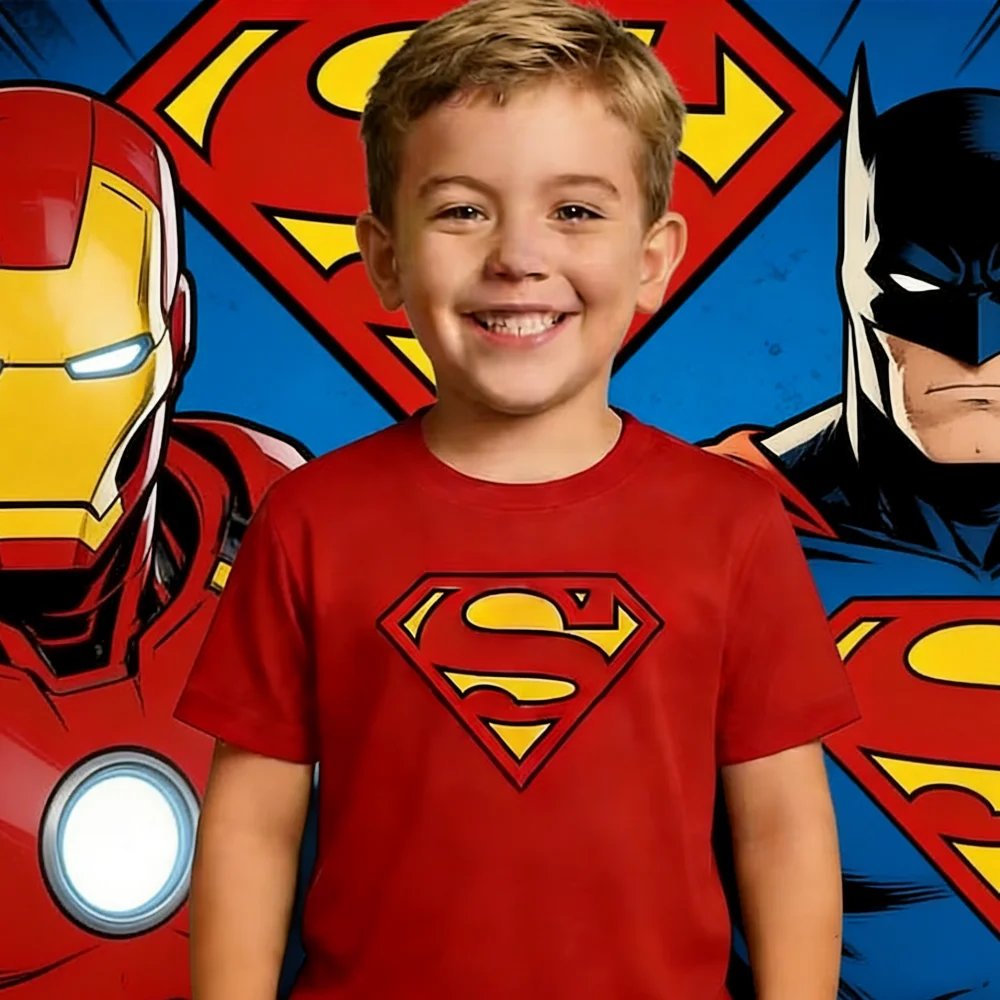 Camiseta con logotipo de Superman para niños, camiseta con gráfico de superhéroe de DC Comics, cuello redondo de algodón de manga corta, regalo y ropa informal diaria, ropa en oferta