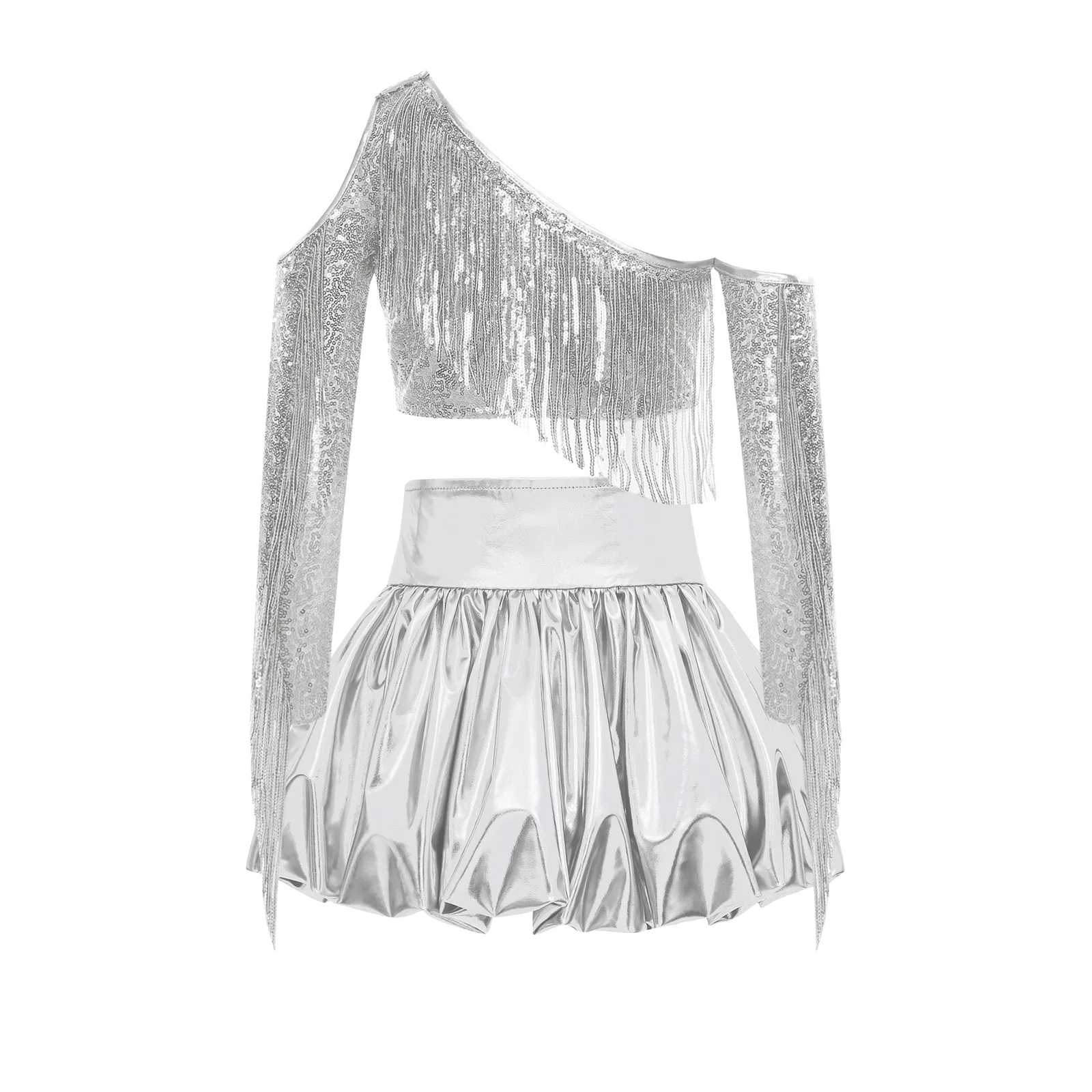 Kids Girls Metallic Shiny Stage Outfit Cold Shoulder Long Sleeve Tassel Crop Top with Bubble Skirt Set for Party Performance