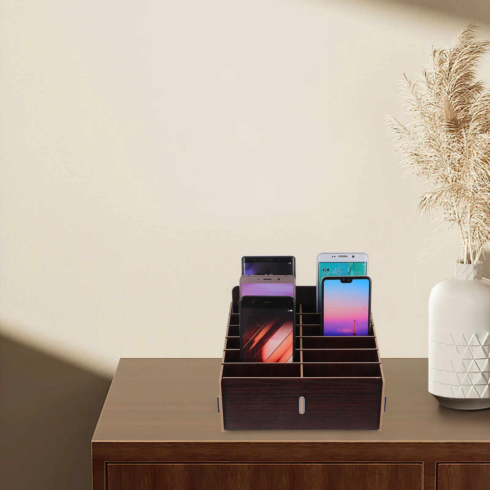 12 مقصورة خشبية صندوق تخزين الهاتف منظم سطح المكتب لمكتب المنزل حامل هاتف الخليوي متعدد الوظائف انفصال المحمول #4