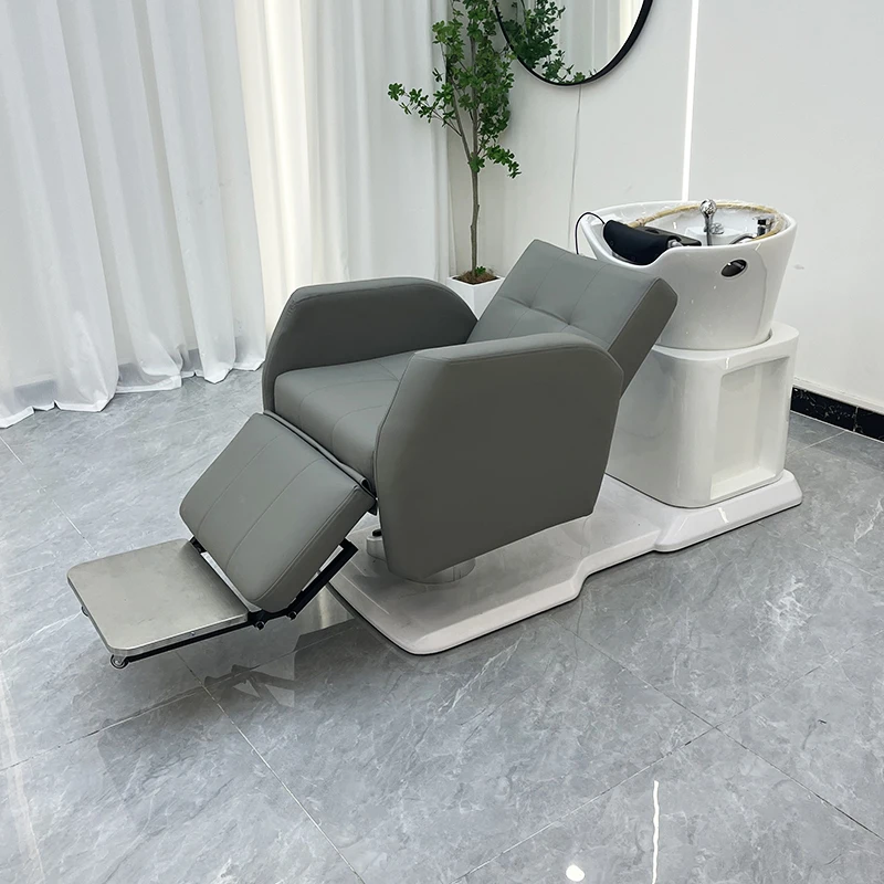 

Grey Pu Leather Rotatable Saloon Hair Wash Chair With Colorful Led Light Hair Wash Bowl Salon Beauty Shops Shampoo Chair