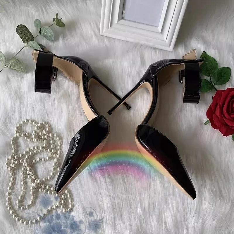 

2025 Spring New Women's Black High Heels Pointed Stilettos Shallow Buckle Simple Design Sexy Office Ladies Large Size Sandals