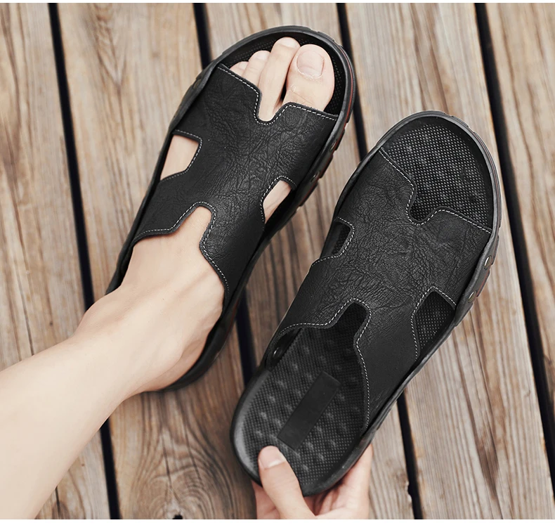 Sommer Männer Hausschuhe Aus Echtem Leder Atmungsaktive Clogs Sandalen Strand Klassiker Leder Rutschen Outdoor-Flip-Flops Plus Größe Männer Schuh – Detail 6