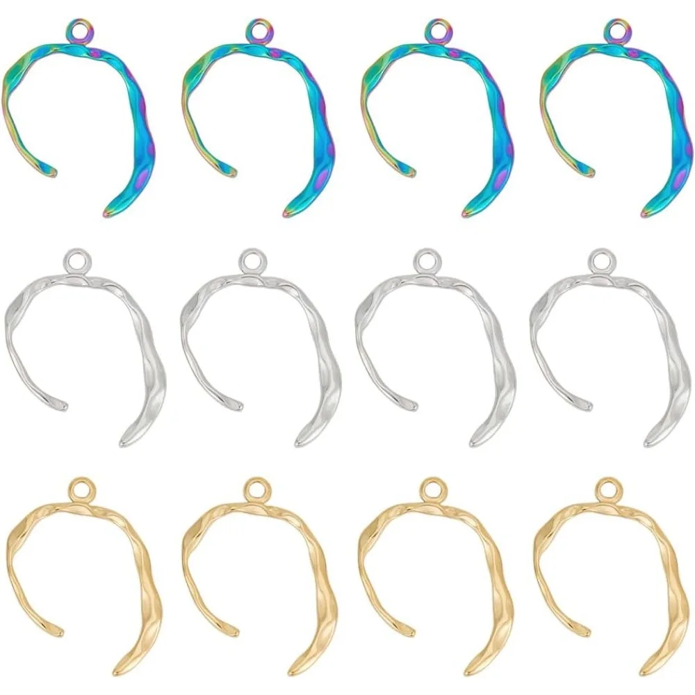 

12Pcs 3 Colors 27mm 304 Stainless Steel Pendants Double Horn Pendant Metal Horn Necklace Charms Rainbow Color Hollow Dangle