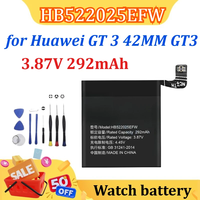 

New 3.87V 292mAh HB522025EFW Replacement Watch Battery for Huawei GT 3 42MM GT3 Smart Bateria + Free Tools