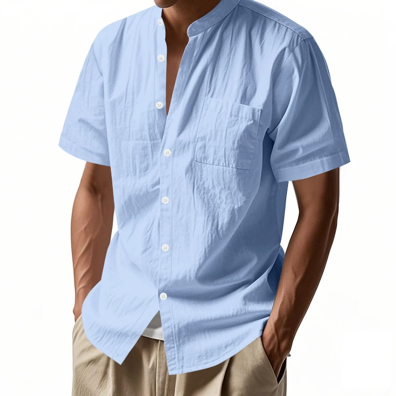 Men's long sleeved shirt linen Button pocket Light and breathable stand-up collar daily beach Hot sale Men's wear