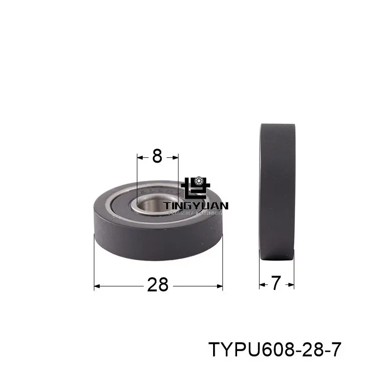 Polyurethane Roller TYPU608-28-7mm  Flat Type ID8 OD28 TPU 1pcs  Black Wheel Roller Pulley With 304 Screws  Guide Wheel