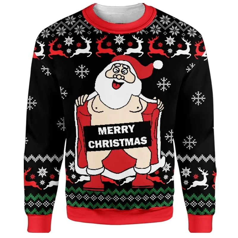 Full Print Funny Ugly Santa Claus Christmas Sweatshirts For Men Women Long Sleeve Crewneck Pullover Jumper Sweatshirt Hoodie