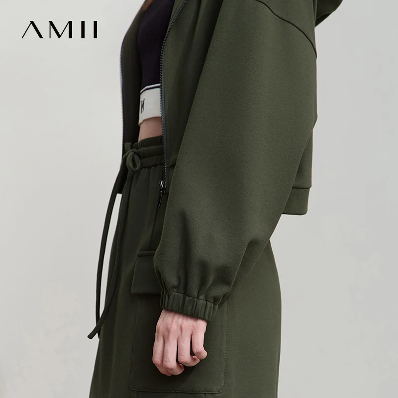 AMII Minimalist Woman's Sports Jacket Cotton 2025 Autumn New Green Hooded Long Sleeved Zipper Jacket Casual Outerwear 12543147