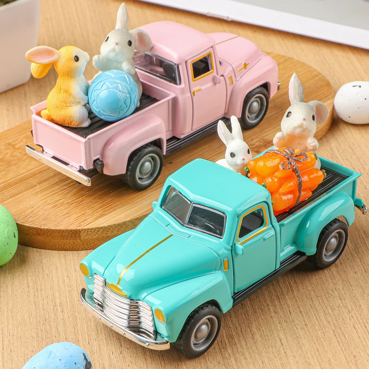Mini retro truck with bunny, easter egg, carrot sculpture - available in pink and blue, with openable doors, for collection, des