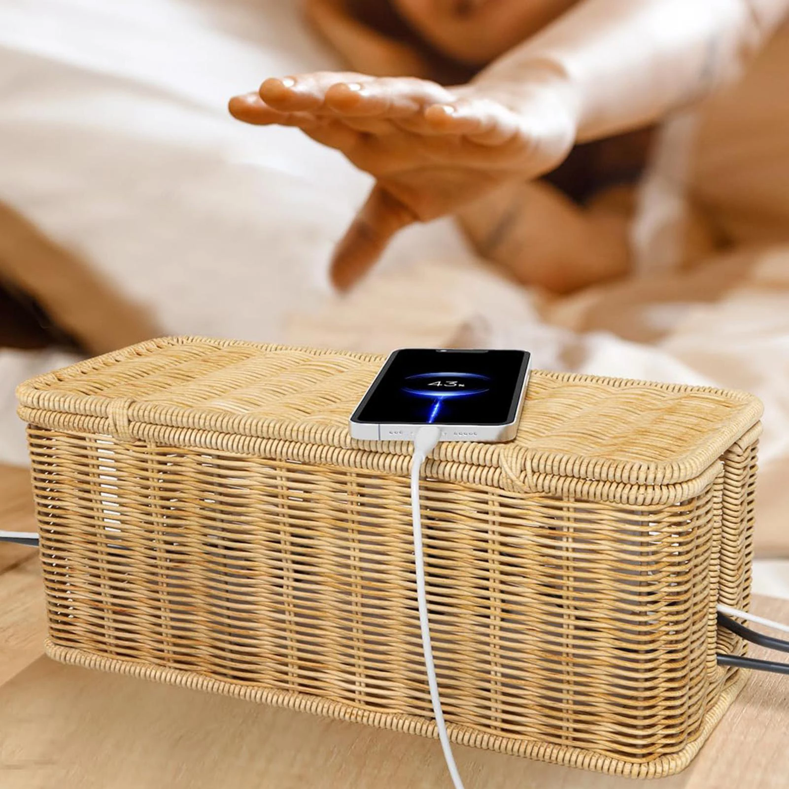 

Rattan Organized Box with 180 Degree Flip Lid Design Desktop Cords Imitation for Mobile Phone Computer Wires boxes