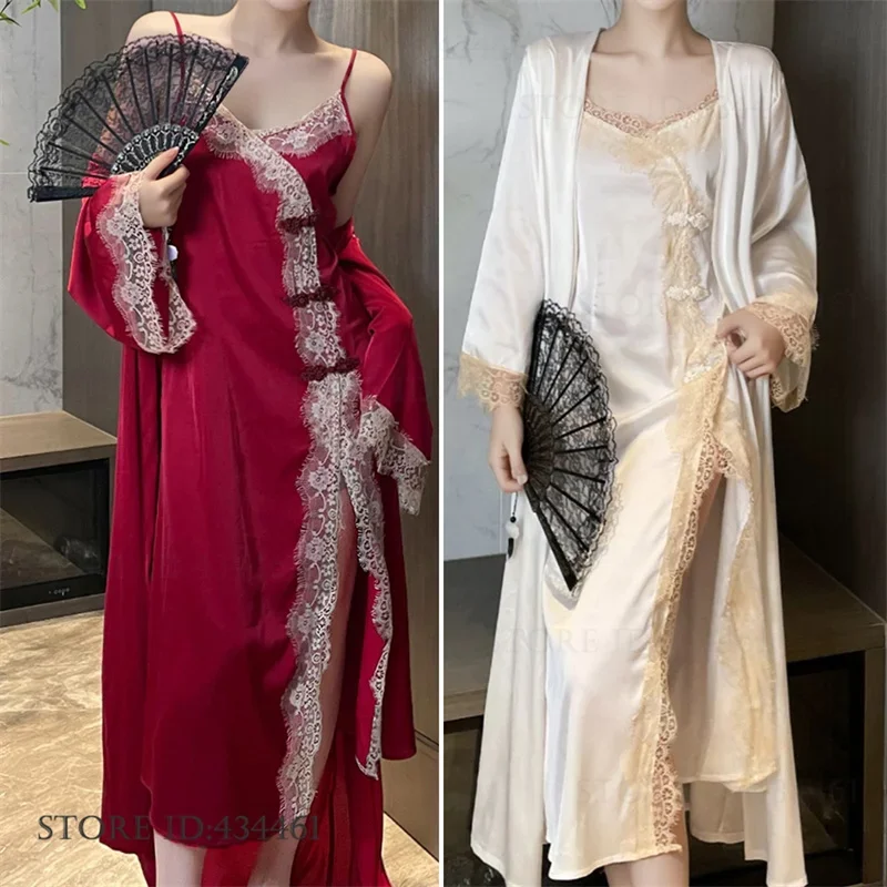 Women Sleepwear 2PCS Patchwork Lace Long Sleeve Belted Robe Nightgown V Neck Slip Night Dress Sexy Elegant Women Pajamas Sets - Image 3