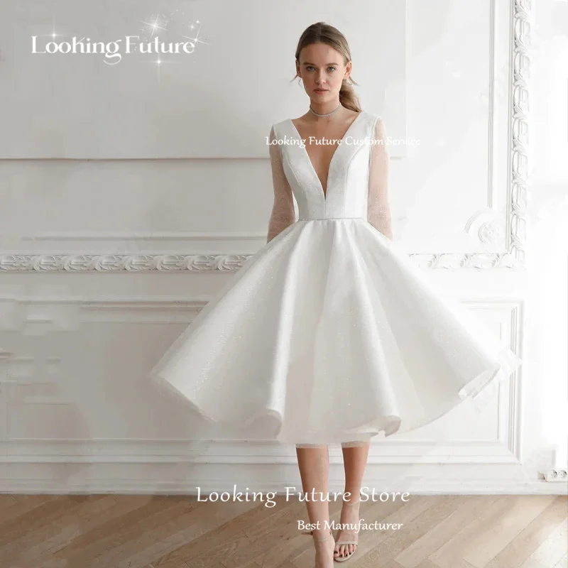 Vintage Mini ShinyTulle A-Line Wedding Dress Sexy V-Neck Bridal Backless Zipper Pleat Long Sleeves Mid-calf Gown Customized 2026