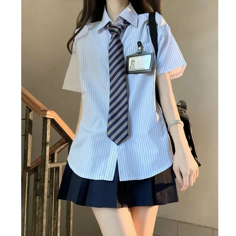 Camisas a rayas de estilo pijo japonés de verano para mujer con corbata señora JK Polo cuello Blusa de manga corta estudiante moda Joker Tops
