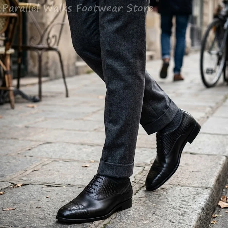 Men Snake Pattern Patchwork Oxford Shoes Lace Up Cap Toe Formal Business Dress Shoes Smart Wedding Party Low Block Heel Flat New