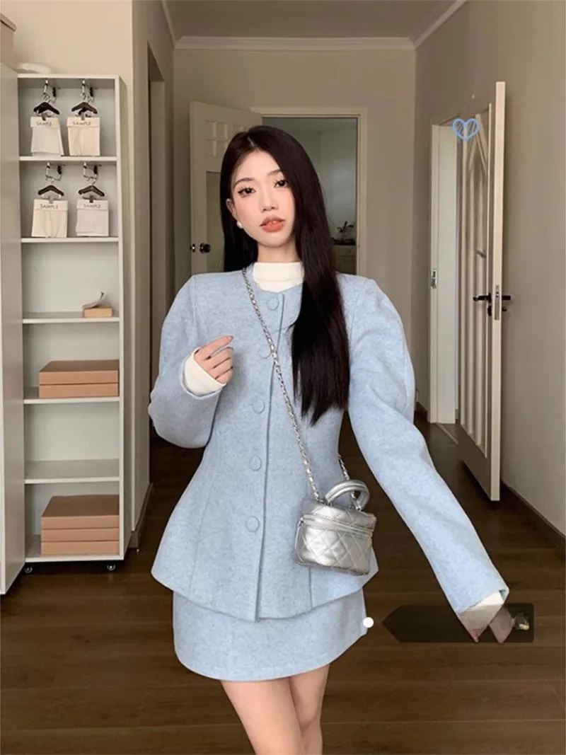 

Temperament Blue Woolen Coat A-line Skirt Set Two Piece Set Women Korean Bubble Sleeve O-Neck Fashion Thicken Slim Winter Suit