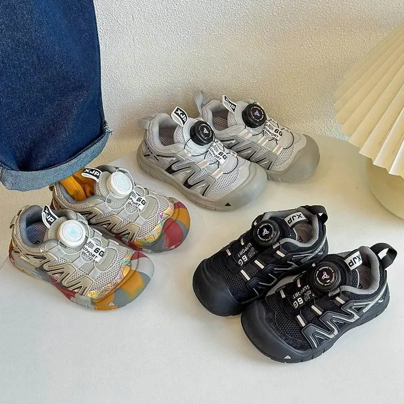 Kids Sports Shoes Rotating Button Children Running Shoes Soft Bottom 2026 Brand New Boys Girls Casual Sneakers Handsome Non-slip