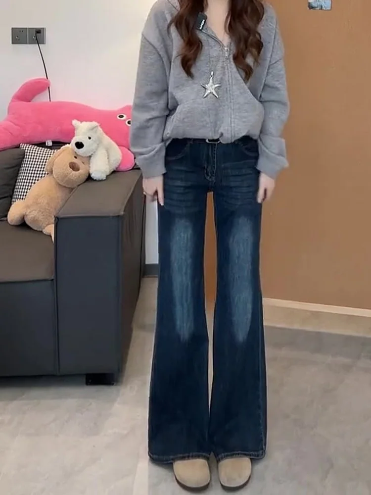 حجم كبير Fce اصطف Thiened مايكرو متوهج الدينيم الجينز المرأة عالية الخصر مستقيم الساق بنطال ذو قصة أرجل واسعة لباس غير رسمي