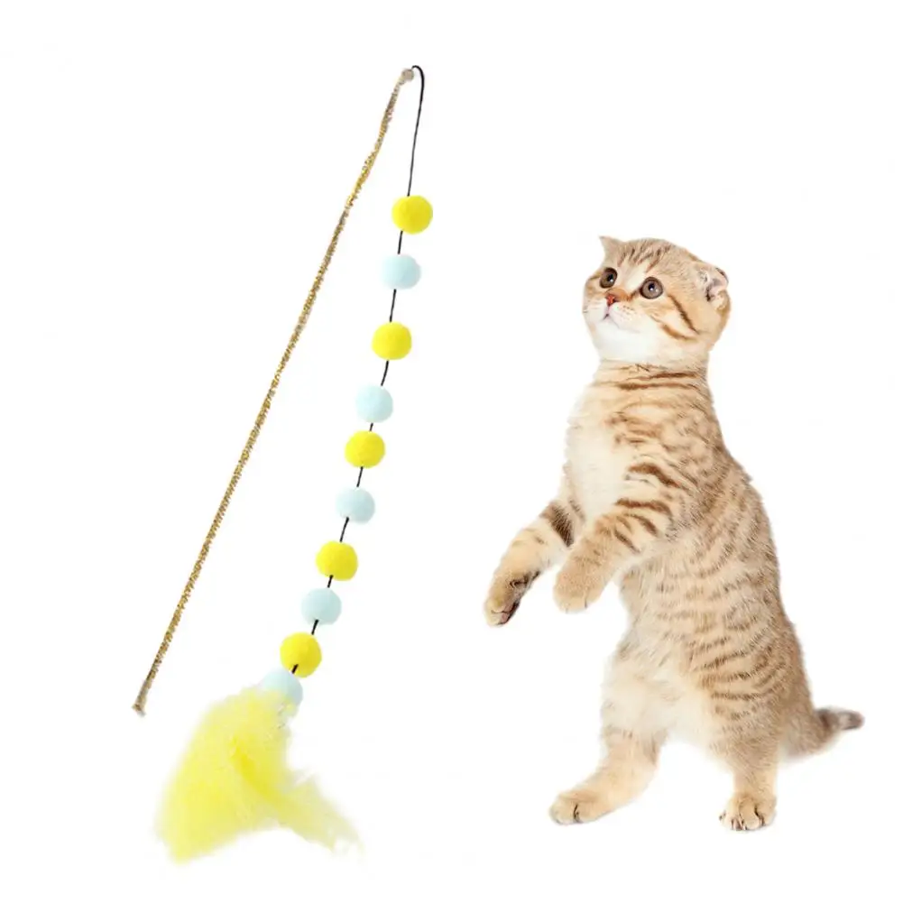 Cat Wand Colorful Feather Plush Balls Bite-Resistant Long Pole Entertaining Kitten Teaser Interactive Bell Rod For Puppy Kitten