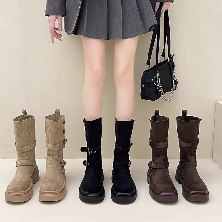 

British style thick soled women's boots 2025 new autumn and winter short boots retro slimming and height increasing mid rise boo