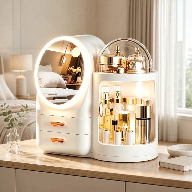 Rotating Makeup Organizer, Cosmetic Storage Box with LED Mirror, 3 Light Modes, 360 Degree Rotation and Clear Compartments