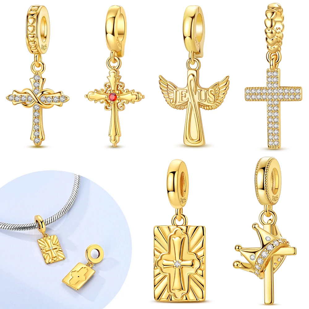 Goldenes Kreuzflügel-Kronen-Zirkon-Silberplattiertes Perlen-Original-Charm für Armbänder, Taschen, Schlüsselanhänger, DIY Damen-Geschenk-Accessoire