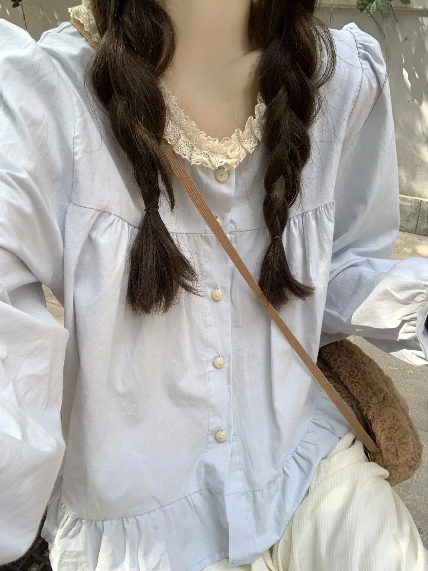 

Sweet Lace Trim Long Sve irt Loose Faionable Cotton Blend Top Reducing Age Simple Design Ele Gentle Sle Spring 2026