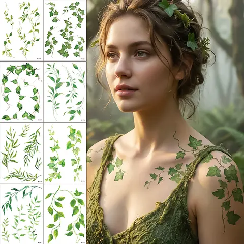 Adesivo Temporário de Tatuagem de Folha Verde Primavera Verão, Adesivo de Tatuagem de Planta da Floresta à Prova d'Água para Mulheres