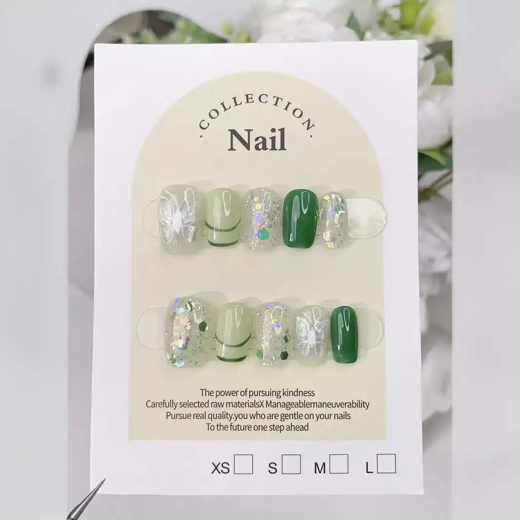 10pcs Handmade Press on Nails Green Butterfly Glitter Short Square False Nail for Women Girl Removable Wearable Fake Nail Art
