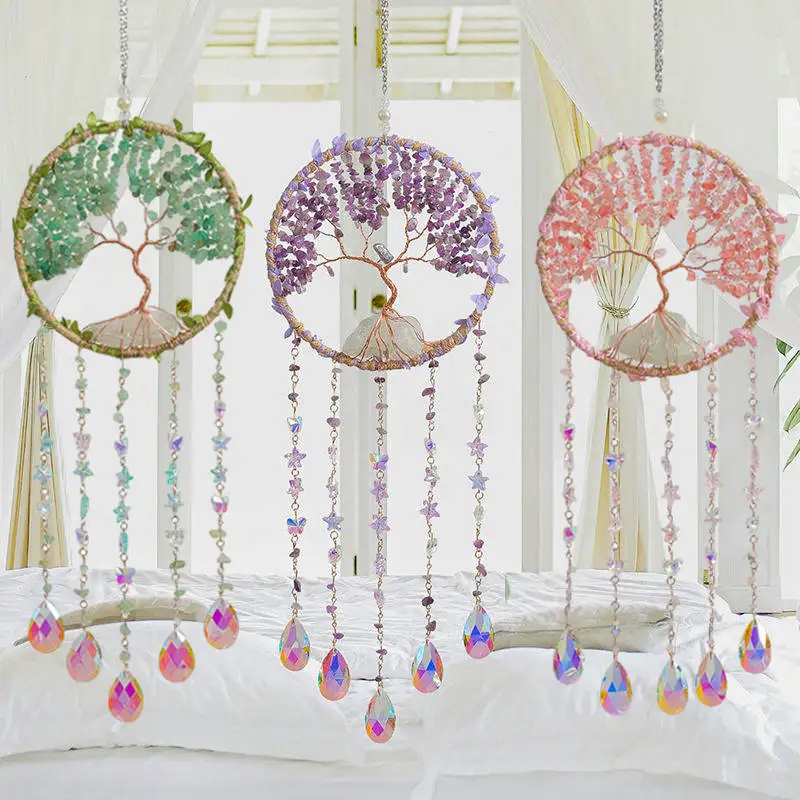 

Crystals Sun Catcher Gems Natural Stone Tree of Life Aventurine Amethyst Pink Quartz Wind Chimes Decoration for Room Suncatcher