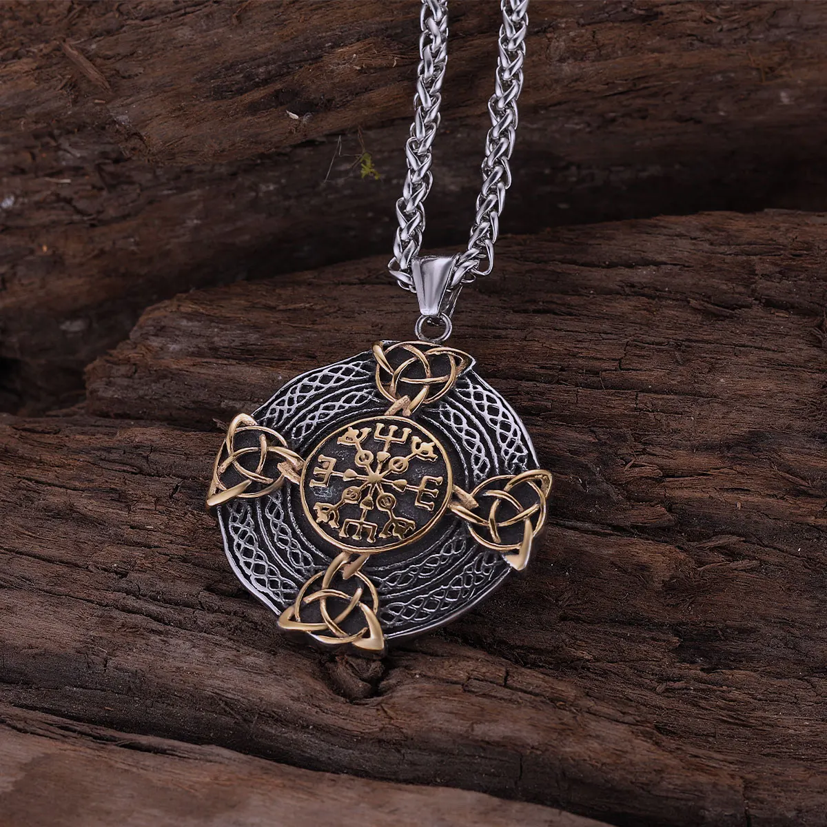 Stainless Steel Nordic Vikings Compass Symbol Necklace Men Scandinavian Celts Eternal Knot Amulet Jewelry Gold Color Necklace