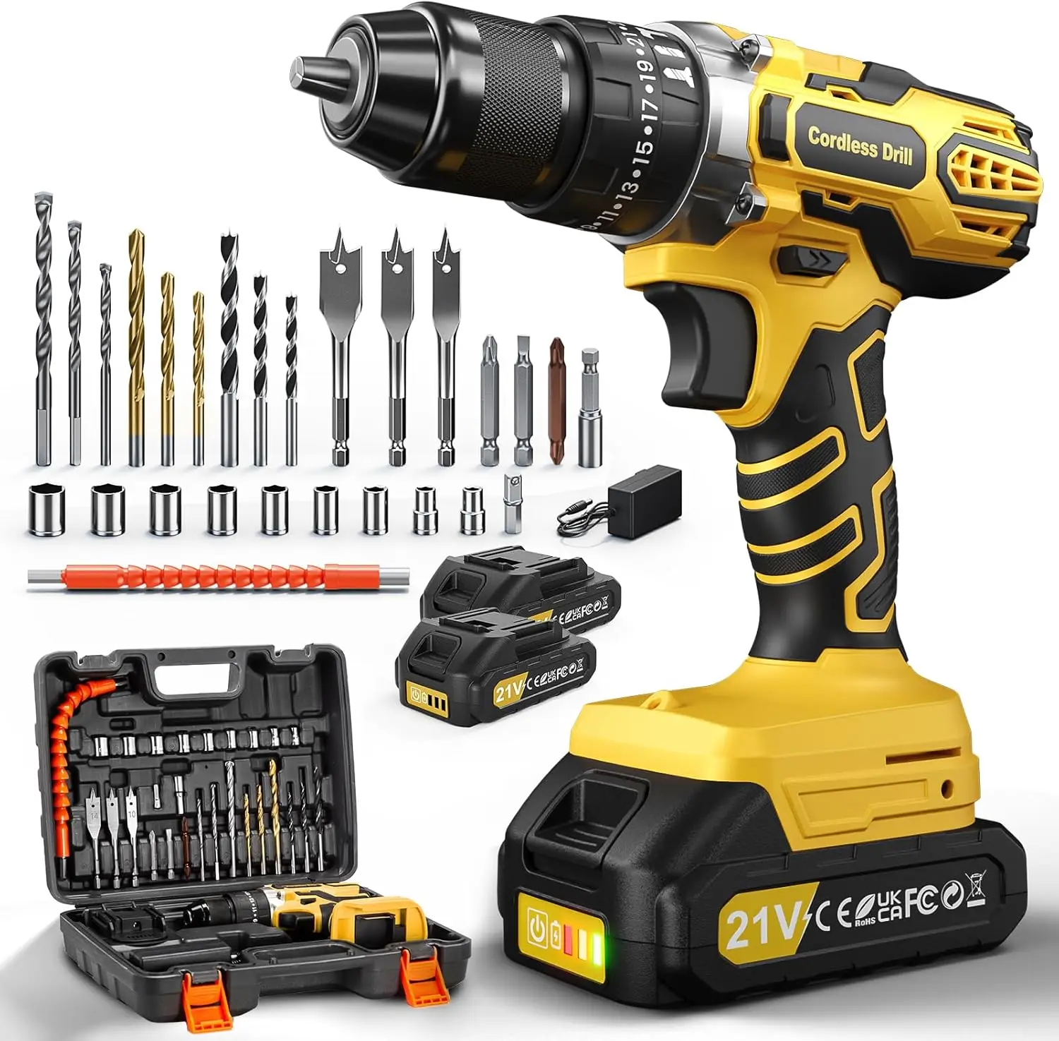 Atornillador Percutor a Batería, 45NM, Taladro Atornillador Eléctrico con 25+3 Ajustes de Par, 2 Baterías de 2.0Ah