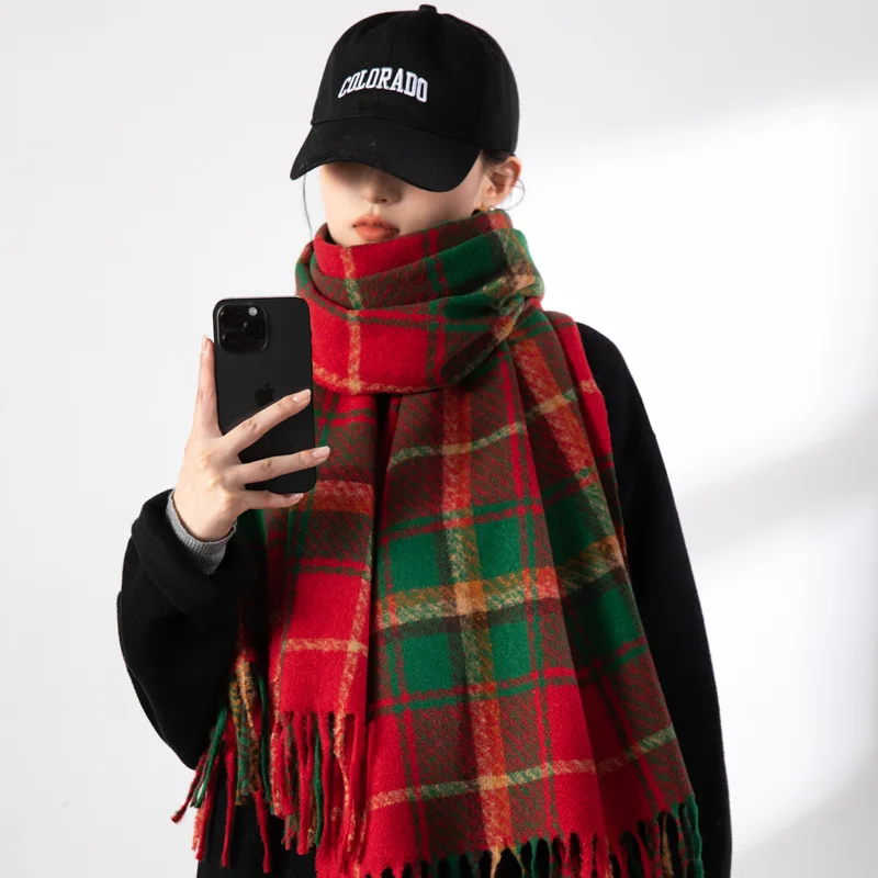 

New Wide Imitation Cashmere Plaid Scarf Christmas Red Soft Warm Fashion Shawl New Year Headscarf Women Ins