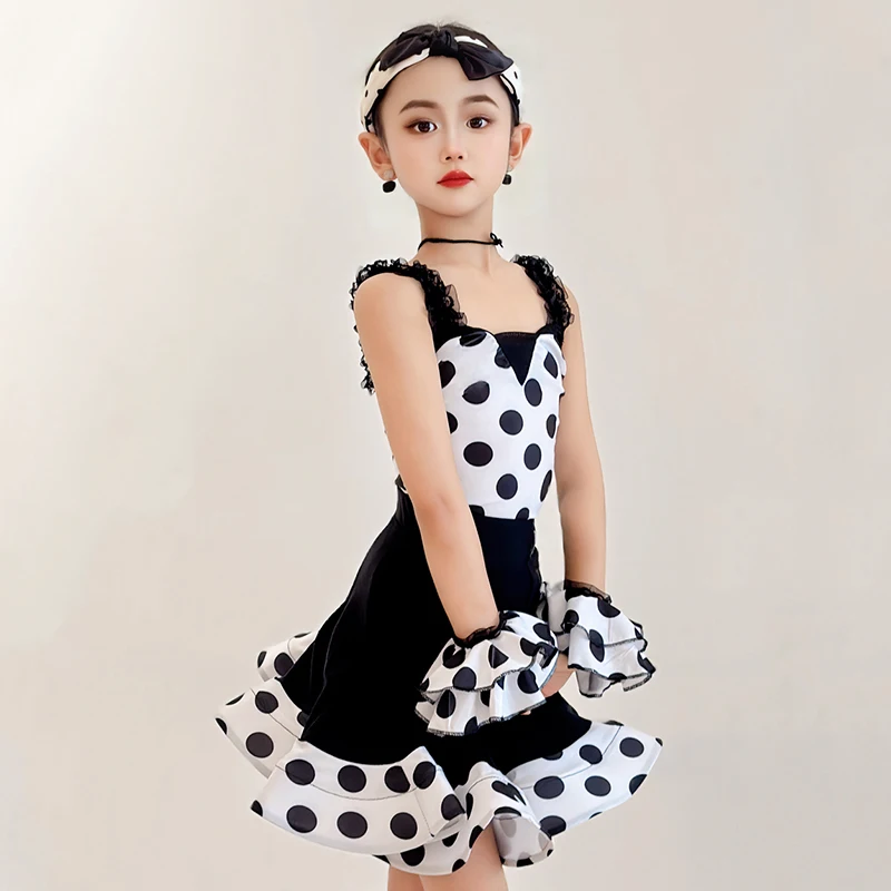 Latin Dance Performance Kleid Mädchen Sommer Balck Polka Dot Dance Anzug Rüschen Röcke Set Cha Cha Rumba Tanzen Bühne Tragen AMY1909