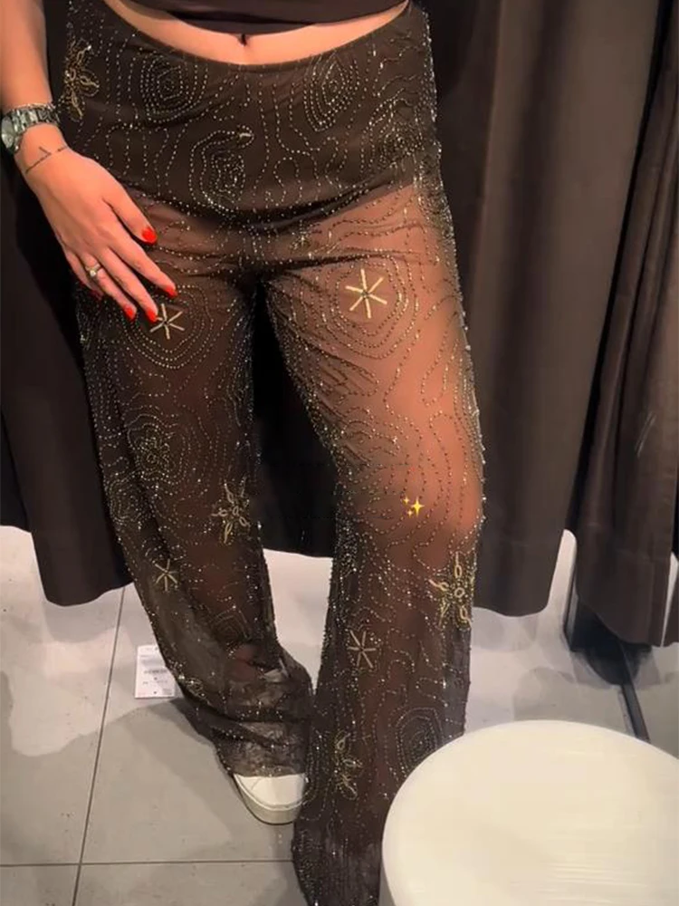 

Bead Embroidery Sequin Women Pants Snowflake See Through Straight Thin High Waist Fashion Trousers 2025 Summer Street Party Pant