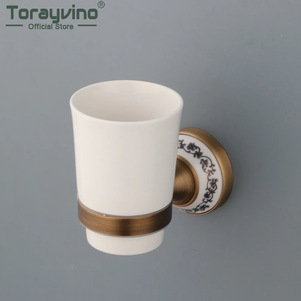 Torayvino Antique Brass Cup Holder Wall Mounted Ceramic Toothbrush Holder Toothpaste Holder Bathroom Accessories Toiletries Cups