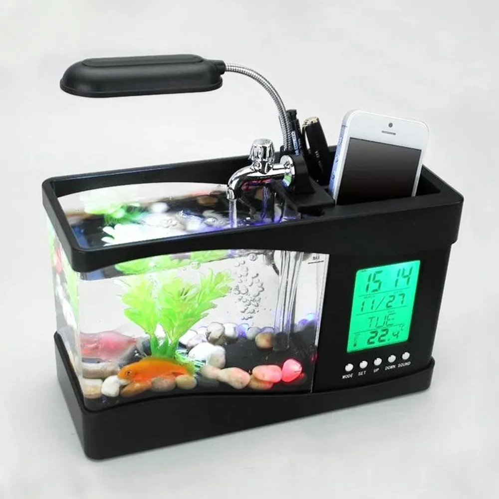 USB LED Aquarium with Clock & Pebbles - Decorative Desktop Fish Tank MJ070306, Small Display Tank for Home & Office