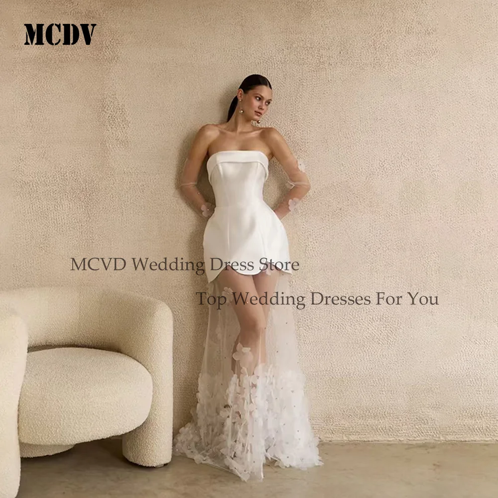 

MCDV Customized Wedding Dress Fashion Strapless Full Sleeves handmade Beading Flowers A Line Modern Bridal Gown for Woman Bride