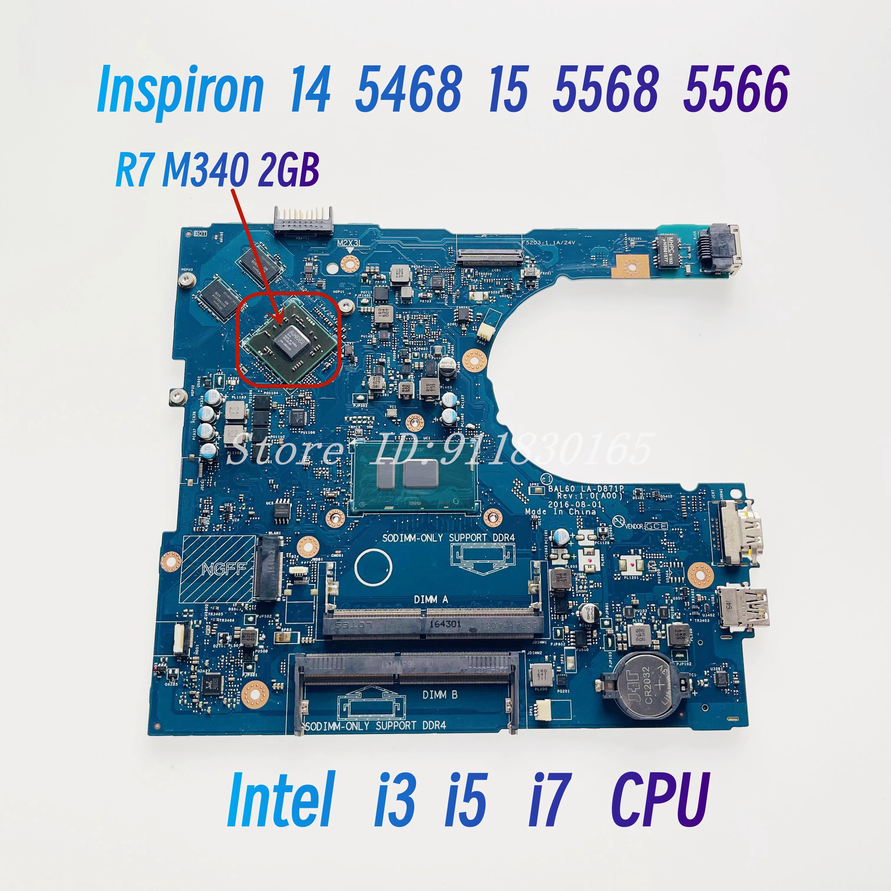 BAL60 LA-D871P For Dell Inspiron 14 5468 15 5568 5566 Laptop Motherboard CN-00YP25 With I3 I5 I7 CPU UMA/R7 M340 2GB GPU DDR4