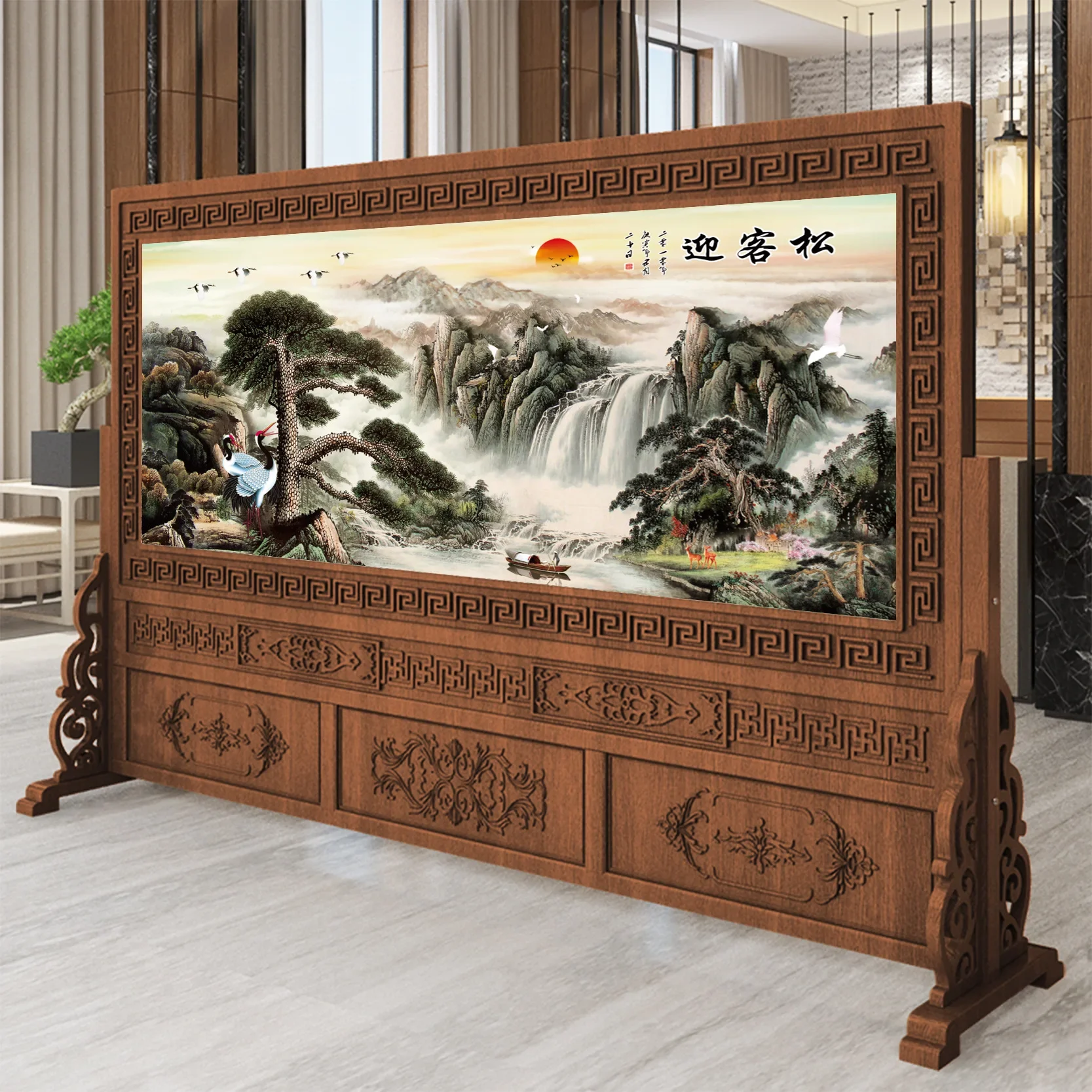 New Chinese-style solid wood screen, company office meeting room, hotel entrance hall, partitioned Great Wall entrance