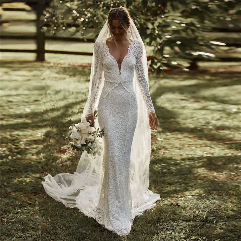 Abiti da sposa da donna di lusso squisiti Appliques di pizzo Sexy abiti da sposa a sirena maniche lunghe abiti da ballo di fidanzamento senza schienale 2024