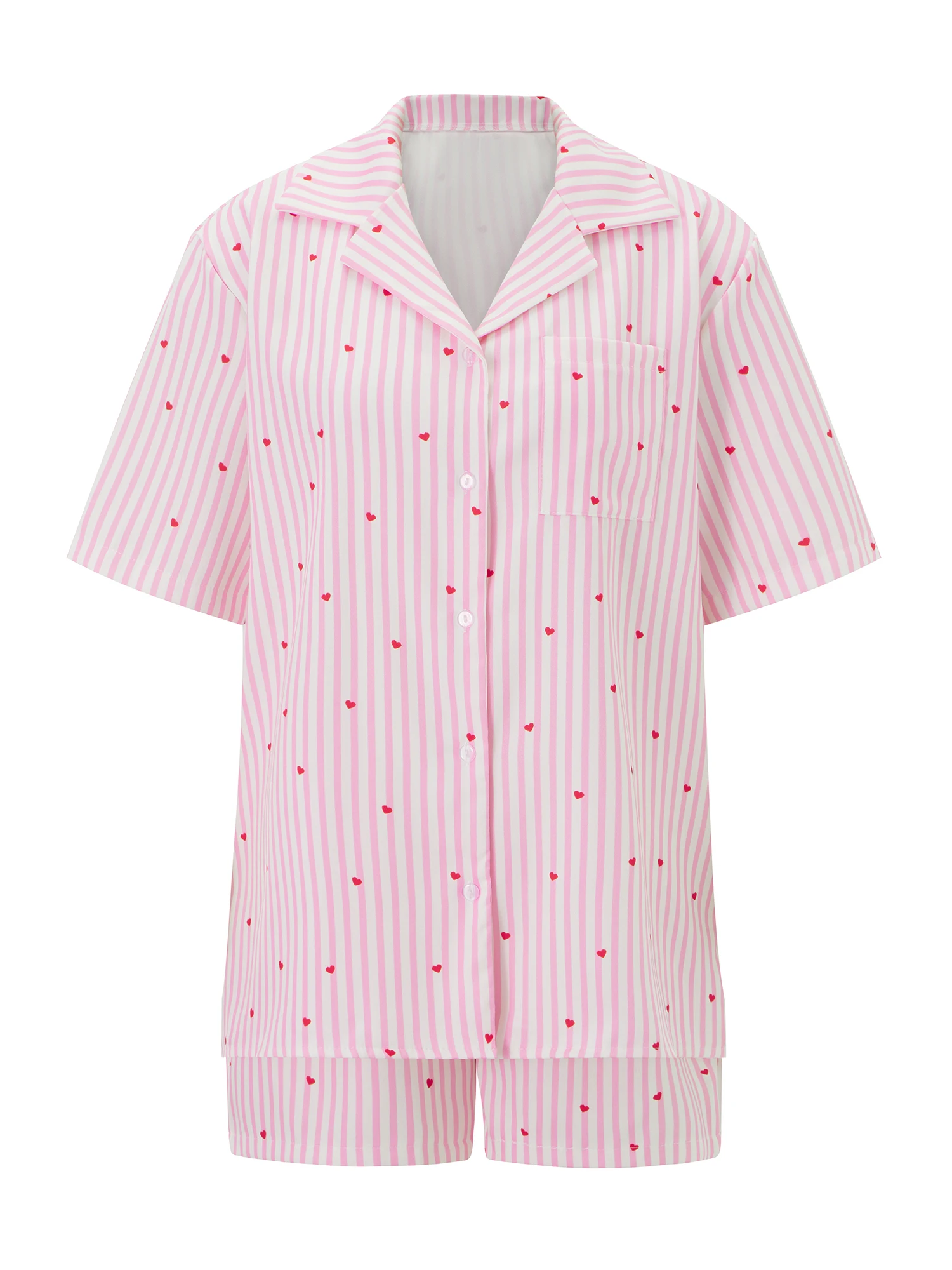 طقم صالة نسائي صيفي مكون من قطعتين بأكمام قصيرة وقميص مخطط بطبعة قلب وأكمام قصيرة #4