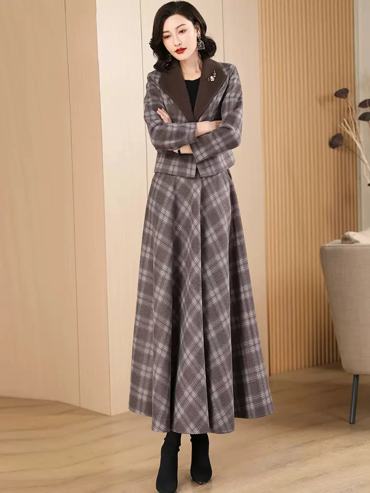 New Women Woolen Skirt Suits Spring Autumn Fashion Turn-down Collar Slim Suit Jacket And Empire Wait Long Skirt Two-pieces Set