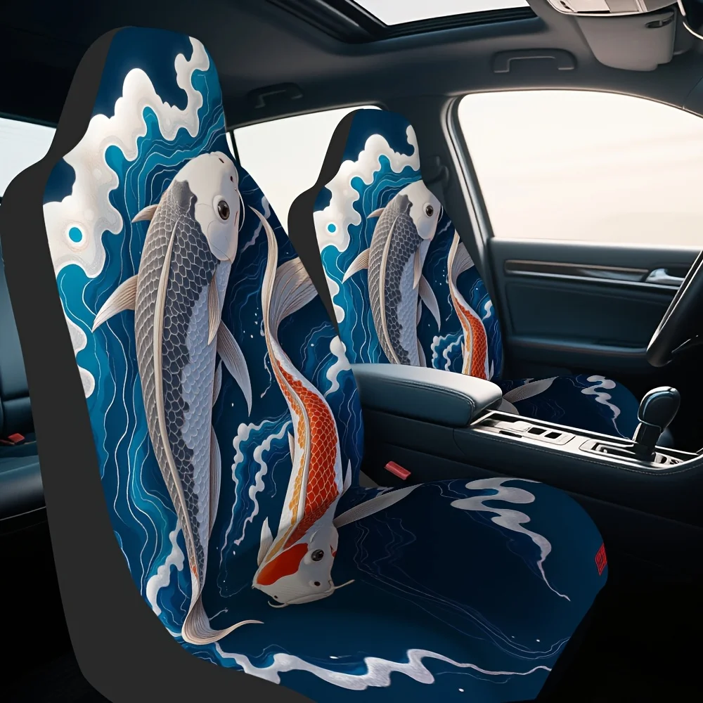 2pcs Japanese Koi Fish & Wave Print Car Seat Covers - Soft Foldable Universal Fit Front Seats, With Colorful Koi Patterns, Machi
