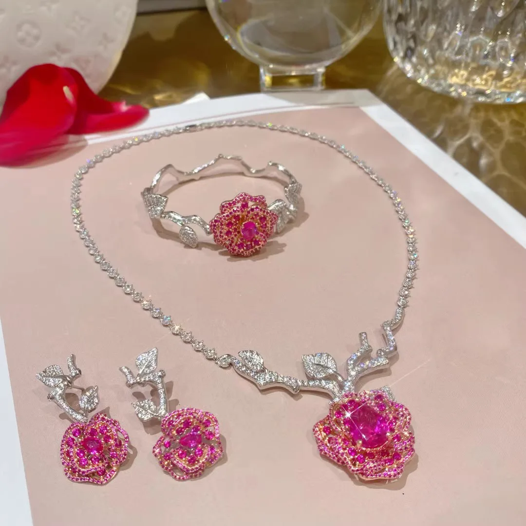 

Delicate Women's Camellia Flower Design Full AAA Rose Red Zircon Jewelry Sets Romantic Wedding Necklaces Bracelets Earrings