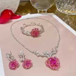 Delicate Women's Camellia Flower Design Full AAA Rose Red Zircon Jewelry Sets Romantic Wedding Necklaces Bracelets Earrings