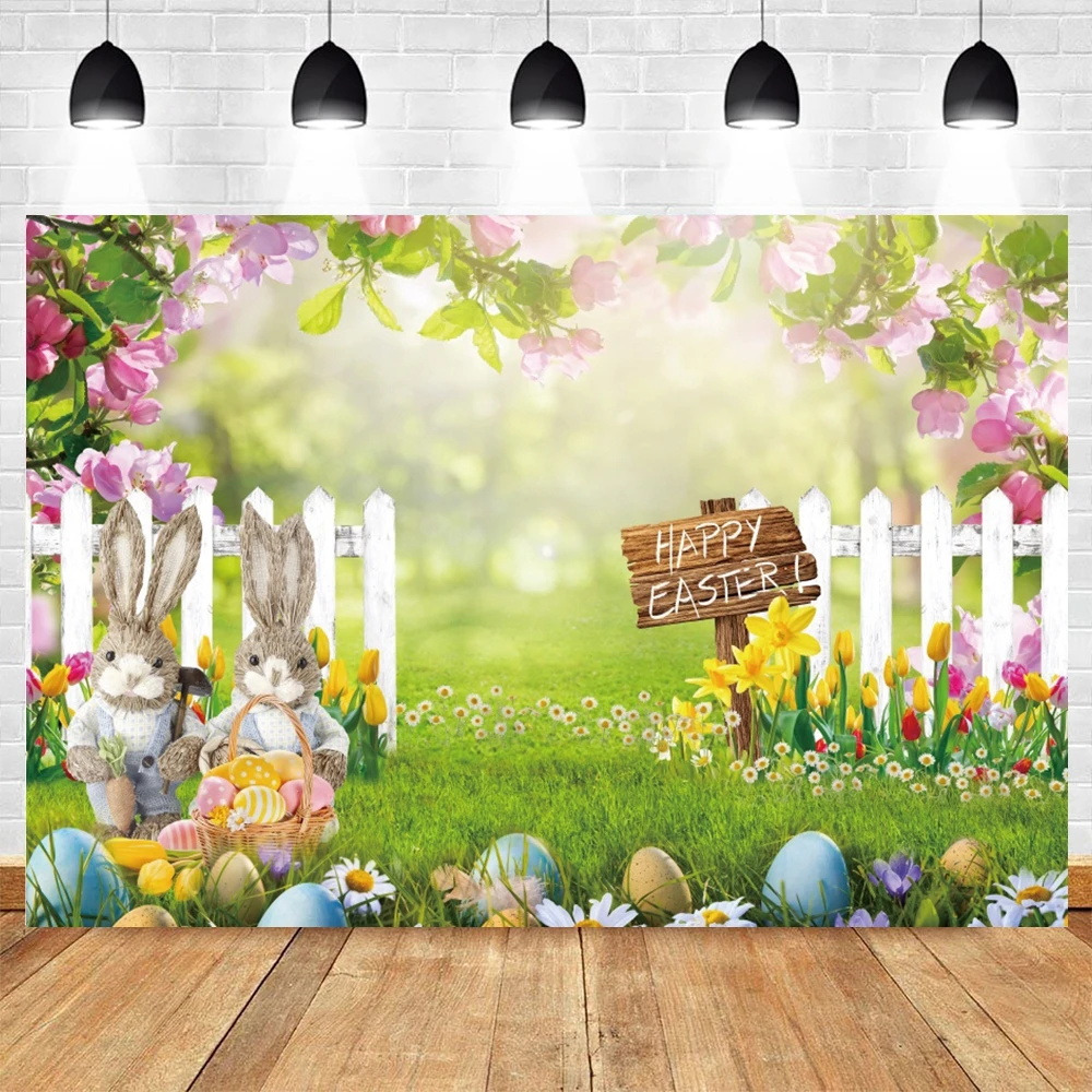 Happy Easter Backdrop for Photography Spring Flowers Wooden Floor Green Grass Rabbit Bunny Eggs Baby Portrait Photo Background