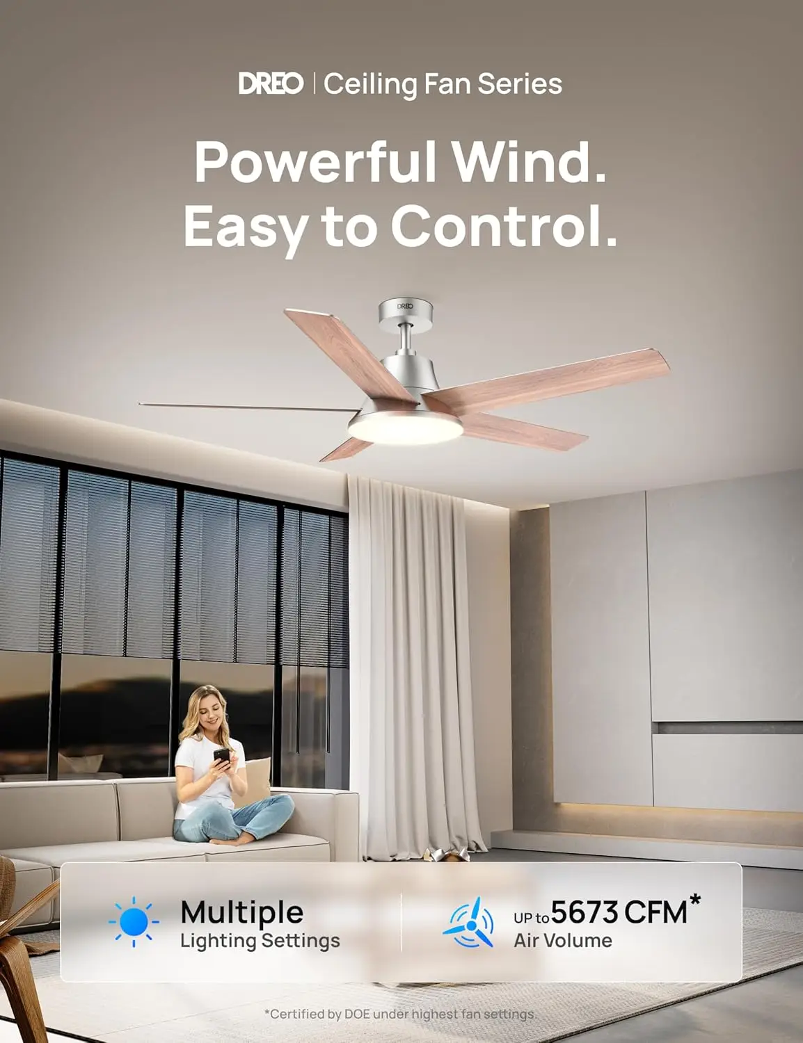 Ceiling Fans with Lights and Remote, 52 Inch, 6 Speeds, 5 Color Tones Dimmable LED, Quiet Reversible DC Motor, 8H Timer