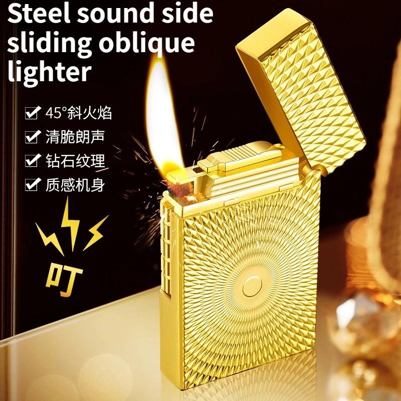 

New Langsheng Steel Sound Side Sliding Inflatable Slant Fire Open Flame Lighter Lucky Stone High End Men's Gift Lighter