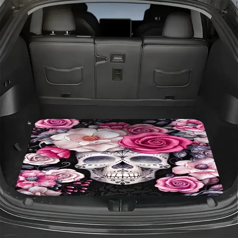 Car Trunk Liner Featuring A Floral Skull Design, Made For Comfort And Durability With Pink Roses And Black Flowers. Suitable For